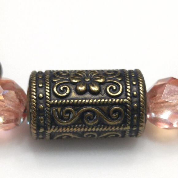 Handmade Art Bead Necklace,  Pink Czech Beads, Brass Barrel Bead, Handmade, 20" - Picture 5 of 8